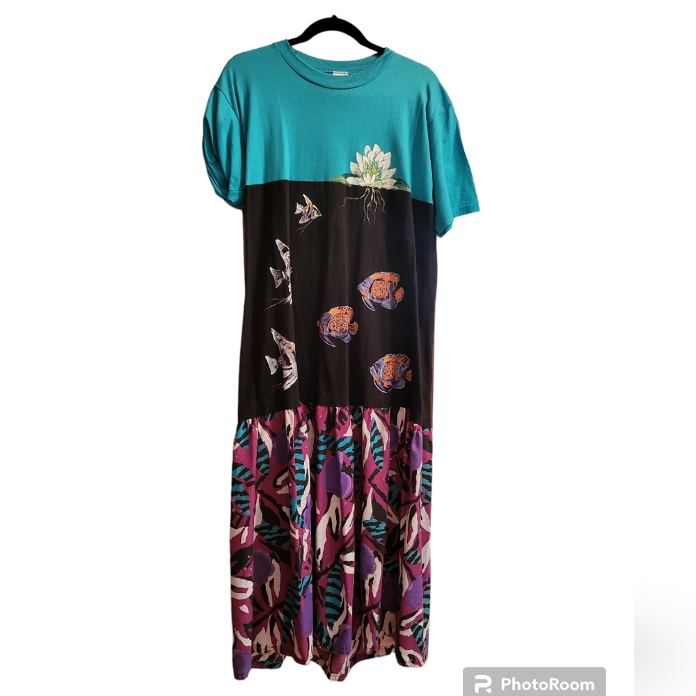 Vintage Jerzees Hand painted Fish 80s Dress Size XL